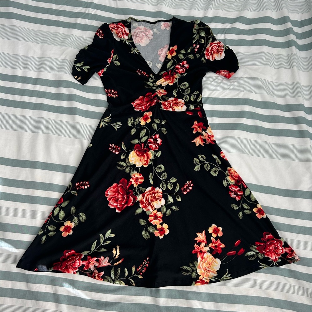 Macy’s black floral v neck dress